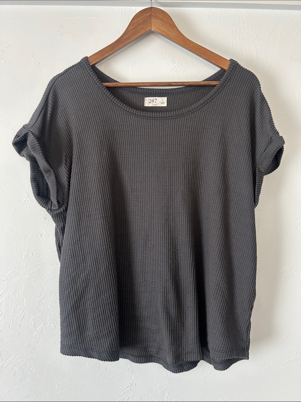 Dark Gray Baggy Ribbed Short Sleeve Top